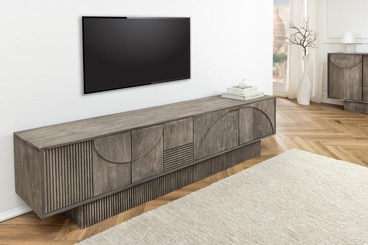 Massief houten TV Lowboard ART DECO 200cm Grijs Gerookt, Huis en Inrichting, Kasten | Televisiemeubels, Ophalen of Verzenden