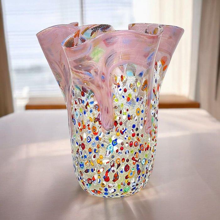 Filippo Maso - Vaas - Roze vaas met zilveren blad en, Antiek en Kunst, Antiek | Glas en Kristal