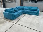 Prachtige blauwe grote ribstof hoekbank, 250 tot 300 cm, 100 tot 125 cm, Hoekbank, Zo goed als nieuw