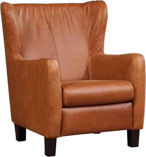 Cognac leren landelijke oorfauteuil - poot hout bruin - Vint, Huis en Inrichting, Fauteuils, 75 tot 100 cm, 75 tot 100 cm, Nieuw