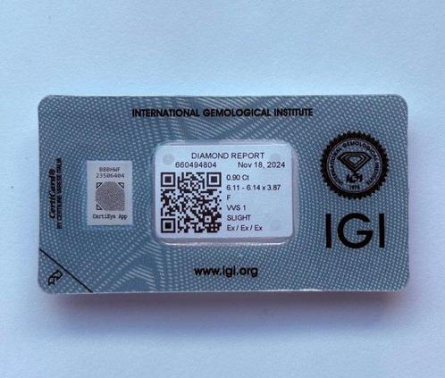 1 pcs Diamant (Natuurlijk) - 0.90 ct - Rond - F - VVS1 -, Sieraden, Tassen en Uiterlijk, Edelstenen