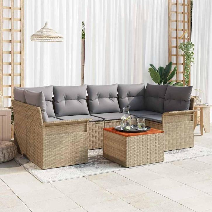 vidaXL Tuin Sofa Set 7 pcs Beige Poly riet, Tuin en Terras, Tuinsets en Loungesets, Nieuw, Rotan, Verzenden