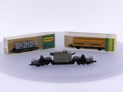 Schaal N Minitrix 3282 Container draagwagen met 2 Danzas..., Hobby en Vrije tijd, Modeltreinen | N-Spoor, Overige typen, Gebruikt