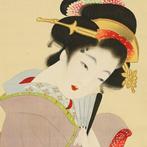 Beautiful Woman in Kimono Holding Folding Fan with Original