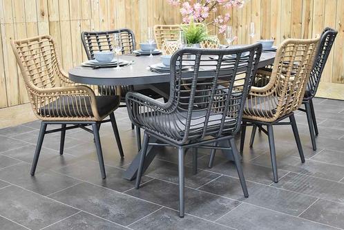 Akron Ovale Tafel 220 Keramischblad Dark Grey met 6 Alba Din, Tuin en Terras, Tuinsets en Loungesets, Eettafel, Stoel, 6 zitplaatsen