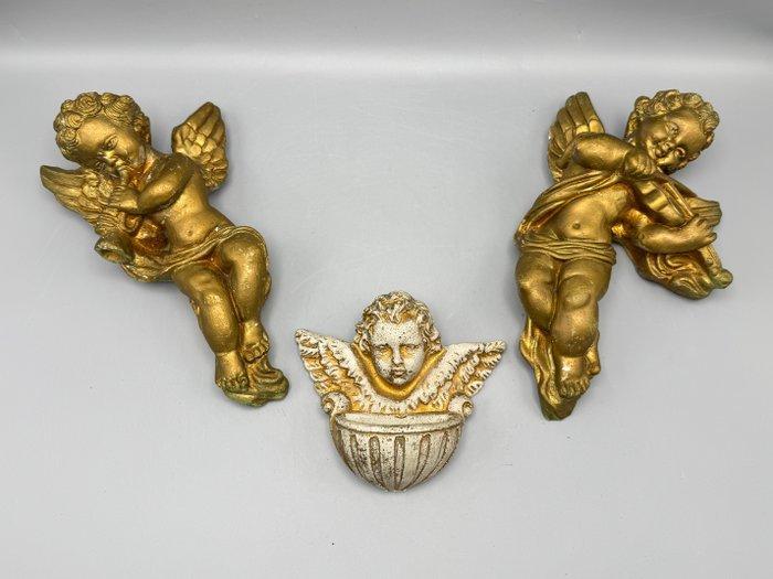 sculptuur, Set van twee vergulde gipsen engelen met, Diversen, Kerst