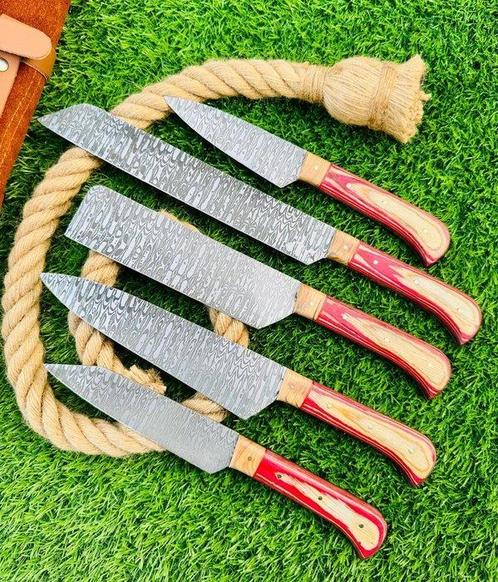 Gold Deer - 5 Piece professional knives set - Hammered Steel, Antiek en Kunst, Antiek | Keukenbenodigdheden
