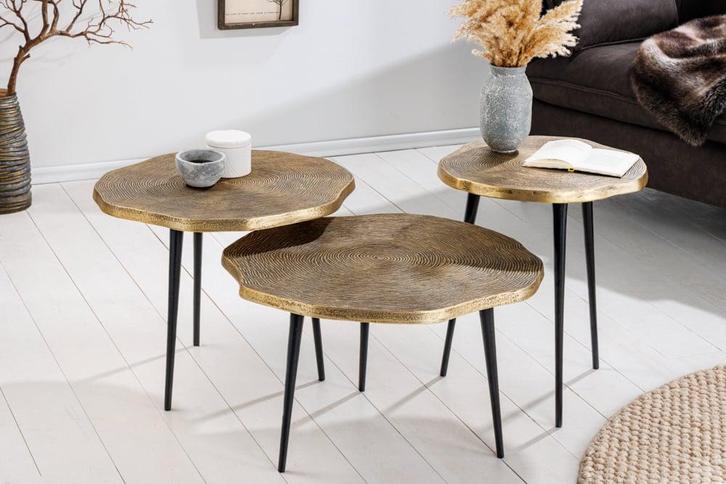 Set van 3 bijzettafels ORGANIC 60/50/40cm antiek messing, Huis en Inrichting, Tafels | Salontafels, Ophalen of Verzenden