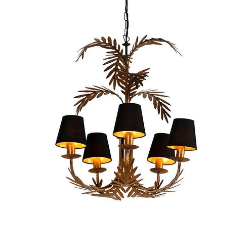 Kroonluchter goud met katoenen klemkap zwart 5-lichts -, Huis en Inrichting, Lampen | Kroonluchters, Nieuw, Overige materialen