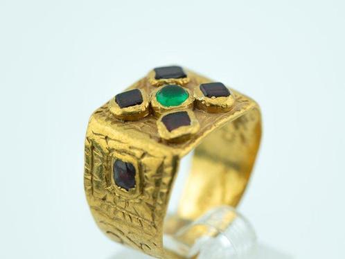 Ring - 21 kt. Geel goud Robijn - Smaragd, Sieraden, Tassen en Uiterlijk, Ringen