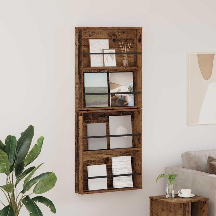 vidaXL Tijdschrift Rek 2 pcs Oudhout 60 x 12 x 70 cm Bewerkt, Huis en Inrichting, Woonaccessoires | Krantenbakken en Lectuurbakken