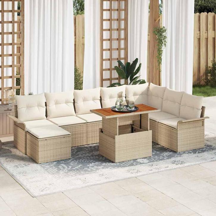 vidaXL Tuin Sofa Set met opslag 9 pcs Beige Poly riet, Tuin en Terras, Tuinsets en Loungesets, Nieuw, Rotan, Verzenden