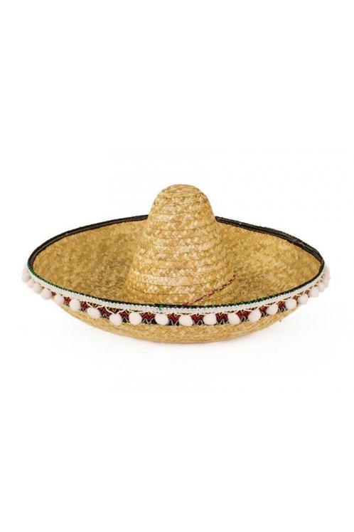 Sombrero Bruin Wit Balletjes Mexico Mariachi Gevlochten Riet, Kleding | Heren, Carnavalskleding en Feestkleding, Nieuw, Overige maten