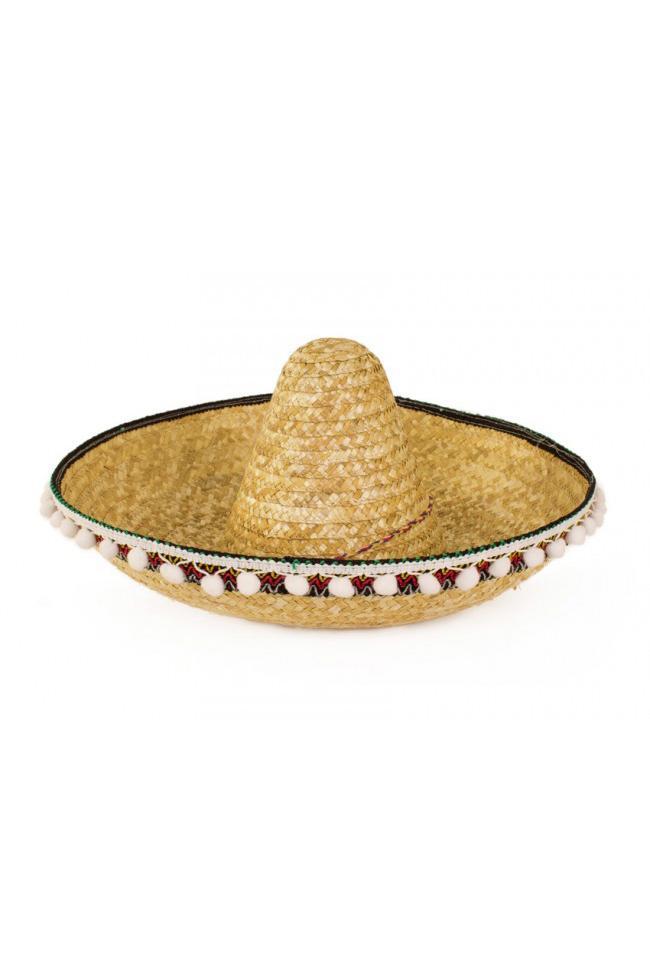 Sombrero Bruin Wit Balletjes Mexico Mariachi Gevlochten Riet, Kleding | Heren, Carnavalskleding en Feestkleding, Nieuw, Overige maten