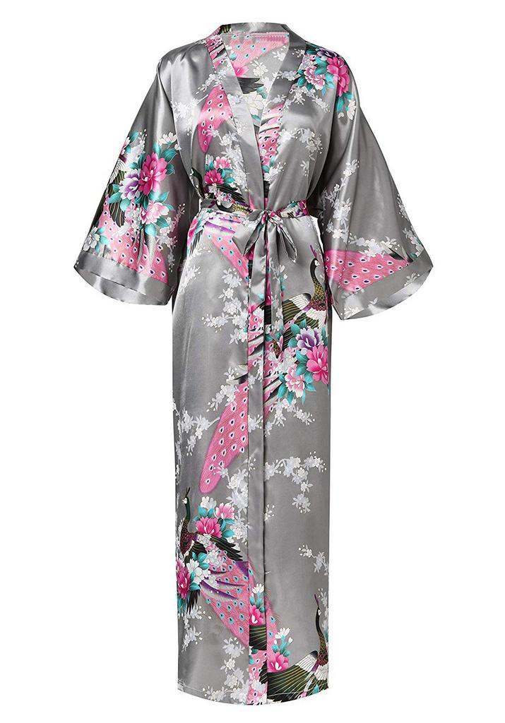 KIMU® Kimono Grijs Maxi XL-XXL Yukata Satijn Lang Lange Grij, Kleding | Dames, Carnavalskleding en Feestkleding, Nieuw, Maat 46/48 (XL) of groter