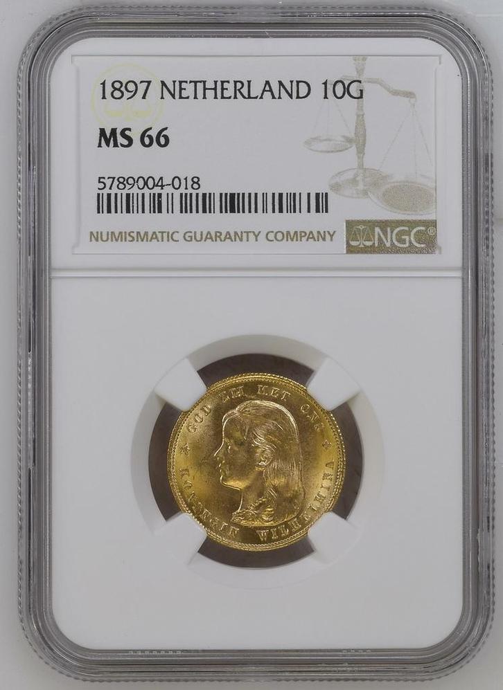 Gouden Wilhelmina 10 gulden 1897 MS66 variant 7 over 7 NGC, Postzegels en Munten, Munten | Nederland, Losse munt, 10 gulden, Koningin Wilhelmina