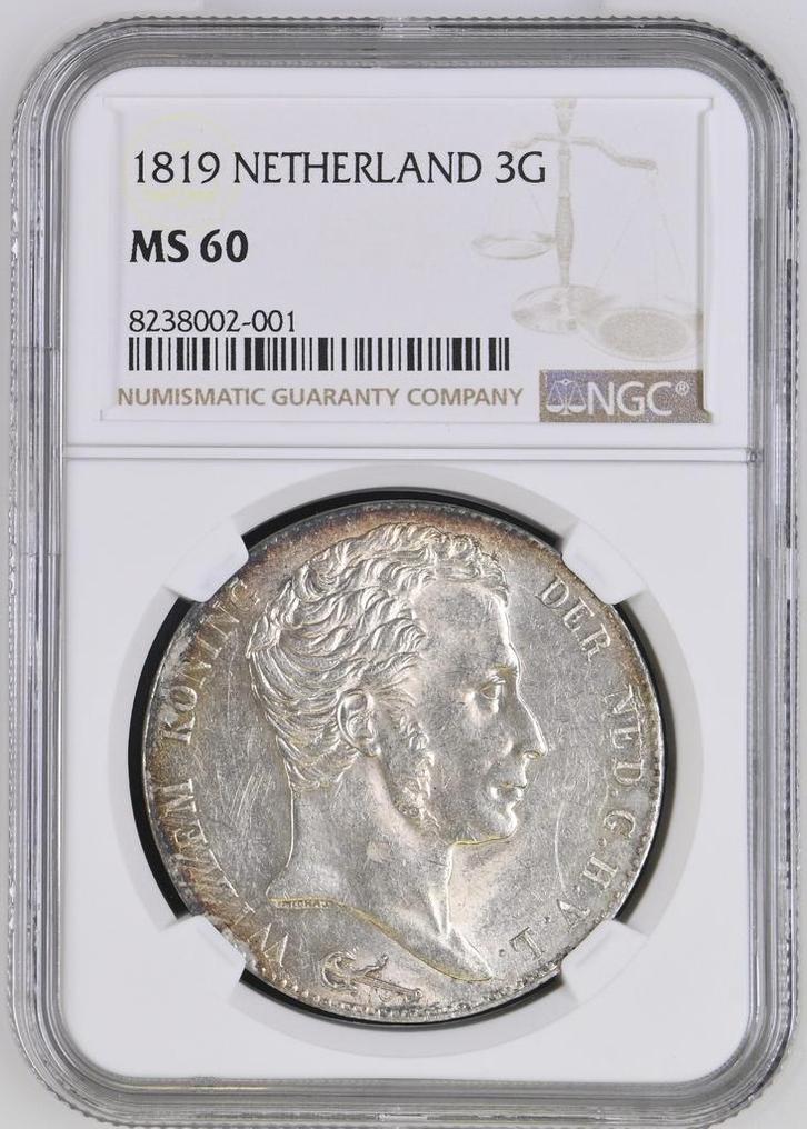 Koning Willem I 3 Gulden 1819 Utrecht MS60 NGC, Postzegels en Munten, Munten | Nederland, Losse munt, Koning Willem I, Zilver