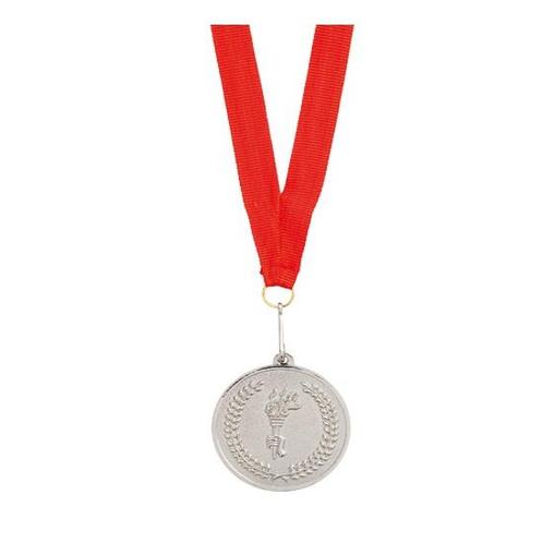 Medaille zilver aan rood lint - Medailles, Hobby en Vrije tijd, Feestartikelen, Ophalen of Verzenden