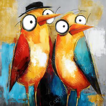 John Joseb -Schilderij grappige vogels met grote ogen, humor beschikbaar voor biedingen