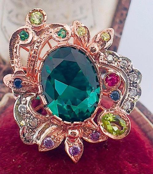 Zonder Minimumprijs - Ring - 9 kt. Roségoud, Zilver Smaragd, Sieraden, Tassen en Uiterlijk, Ringen