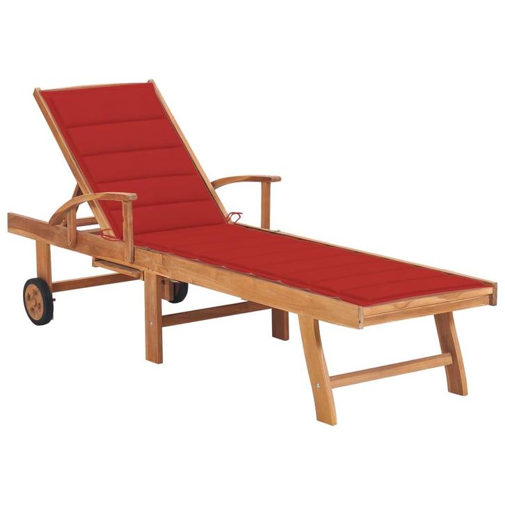 vidaXL Ligbed met rood kussen massief teakhout, Tuin en Terras, Ligbedden, Nieuw, Verzenden