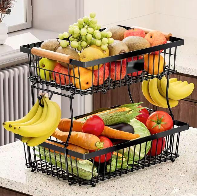 Stapelbare Fruitmand Metaal – Met Handvat en Haak, Zwart, Huis en Inrichting, Keuken | Keukenelementen, Nieuw, Verzenden