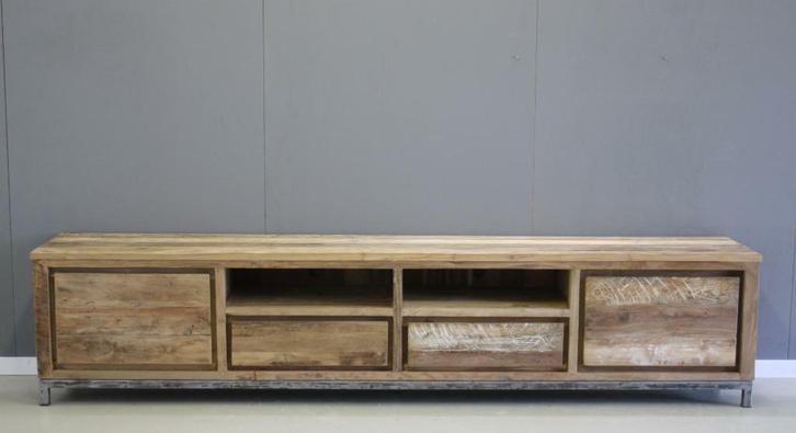 Industrieel TV meubel teakhout op metalen frame; Indoteak, Huis en Inrichting, Kasten | Televisiemeubels, 25 tot 50 cm, Nieuw