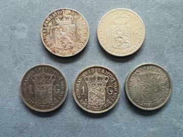 Nederland. 1 gulden 1908, 1909, 1913, 1914 en 1917 (totaal 5 beschikbaar voor biedingen