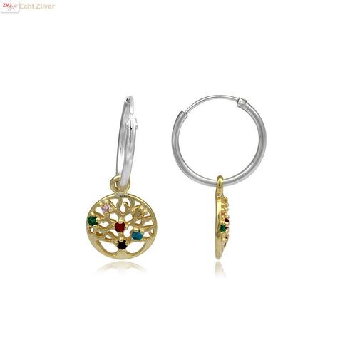 Gold plated 925 Zilveren oorringen levensboom hanger multico, Sieraden, Tassen en Uiterlijk, Oorbellen, Nieuw, Verzenden