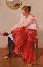 Frans Smeers (1873-1960) - Woman putting on her shoe, Antiek en Kunst, Kunst | Schilderijen | Klassiek