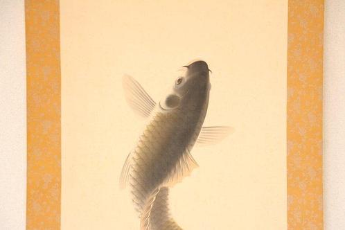 Hangkende scroll: Prachtige karper die uit het water springt, Antiek en Kunst, Antiek | Overige Antiek