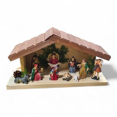 Kerststal hout met kerststal figuren - verlichting - 45x1..., Diversen, Kerst, Nieuw, Ophalen of Verzenden