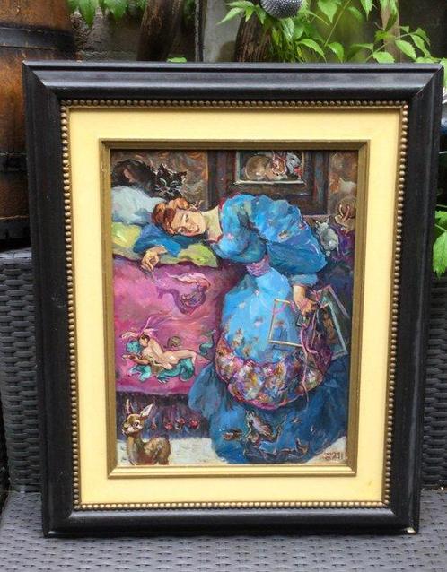 Borgen Lindhardt (1974) - Kimono schilder meisje in blauw, Antiek en Kunst, Kunst | Schilderijen | Klassiek