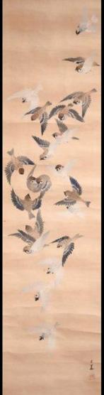 Grootzwerm van mussen - Papier, Zijde - Kôka - Japan - Shwa