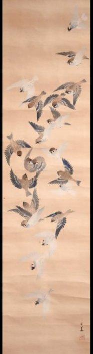 Grootzwerm van mussen - Papier, Zijde - Kôka - Japan - Shwa, Antiek en Kunst, Antiek | Overige Antiek