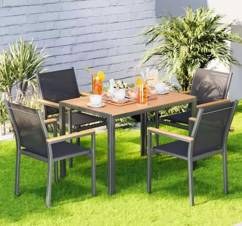 4 Stapelbare Tuinstoelen Aluminium Textileen met WPC, Tuin en Terras, Tuinstoelen, Nieuw, Verzenden