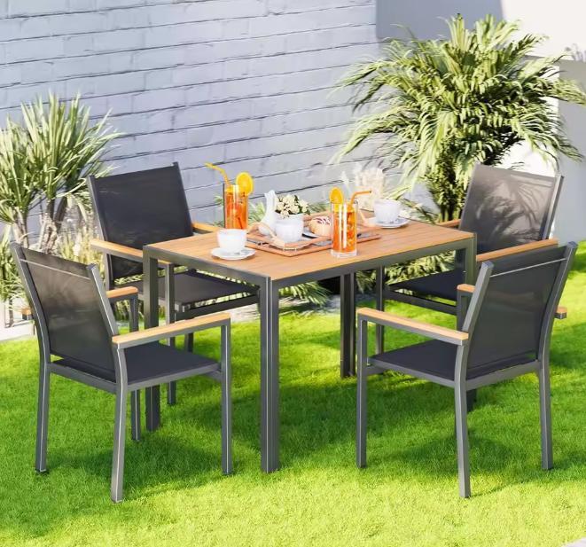4 Stapelbare Tuinstoelen Aluminium Textileen met WPC, Tuin en Terras, Tuinstoelen, Nieuw, Inklapbaar, Stapelbaar, Aluminium, Verzenden