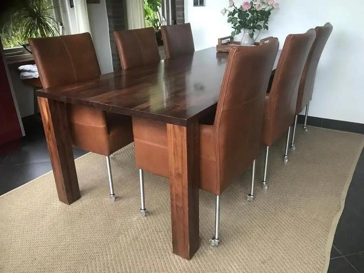 Set van 6 bruine leren eetkamerstoelen met wieltjes en hoge, Huis en Inrichting, Stoelen, Nieuw, Leer, Ophalen of Verzenden