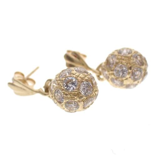 Geelgouden oorbellen met bolletjes hanger; zirconia, Sieraden, Tassen en Uiterlijk, Oorbellen, Overige kleuren, Gebruikt, Met edelsteen