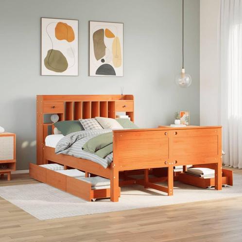 vidaXL Bed met boekenkast zonder matras grenenhout wasbruin, Huis en Inrichting, Slaapkamer | Bedden, 140 cm, 200 cm, Bruin, Tweepersoons