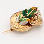 Broche - 18 karaat Geel goud Parel - Parel - Emaille, Sieraden, Tassen en Uiterlijk, Antieke sieraden