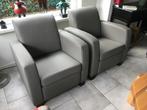 leren fauteuils met houten poten - grijs leer - Echt leer,, Nieuw, Ophalen of Verzenden, Landelijk, 50 tot 75 cm