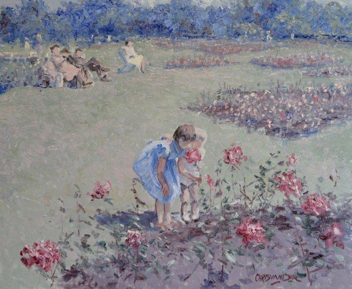 Chris van Dijk (1952) Impressionist -  Les enfants sentent, Antiek en Kunst, Kunst | Schilderijen | Klassiek
