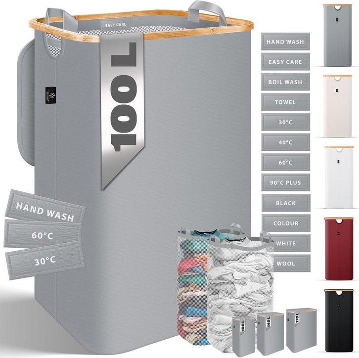 Wasmand - Met deksel - 100 Liter - Grijs - KESSER®, Huis en Inrichting, Badkamer | Badtextiel en Accessoires, Zo goed als nieuw