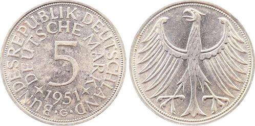 Duitsland 5 Dm 1951g Doppelsenkung bfr J 387 zilver, Postzegels en Munten, Munten | Europa | Niet-Euromunten, Verzenden