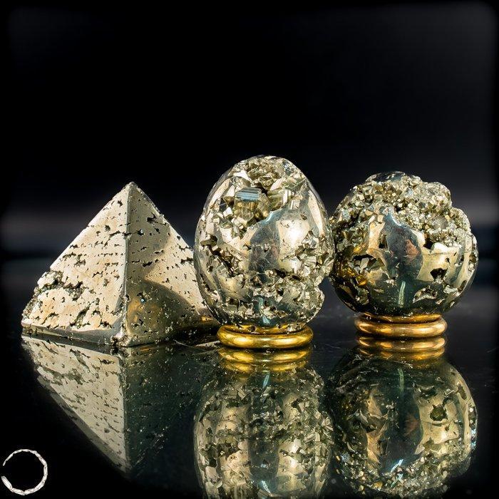 Exclusief pyriet-set – Ei, bol en piramide van massief, Antiek en Kunst, Curiosa en Brocante