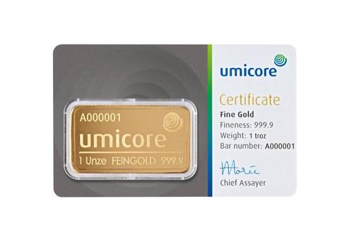 Umicore Goudbaar 31,1 gram met certificaat | Goudonline, Postzegels en Munten, Edelmetalen en Baren, Goud, Verzenden