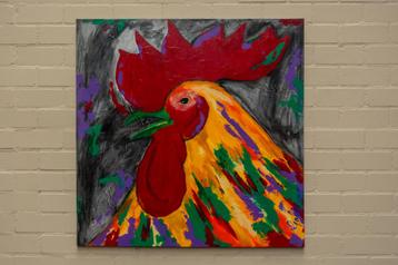 Vurige Haan op Zwart – Acryl op Canvas (Schilderijen) beschikbaar voor biedingen