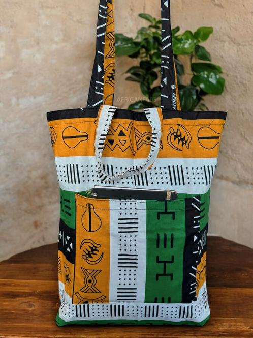 Shopper tas met Afrikaanse print - Groene bogolan symbols -, Hobby en Vrije tijd, Stoffen en Lappen, Nieuw, Ophalen of Verzenden