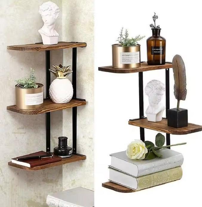 Hoek Wandplank 3-Laags – Hout en Metaal Wandrek voor Keuken, Huis en Inrichting, Kasten | Wandmeubels, Nieuw, Verzenden